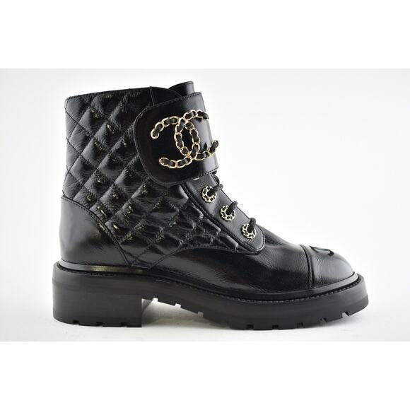 Chanel 21A Black Shiny Patent Quilted Gold CC Chain Combat Ankle Short Boot 37 - Picture 1 of 11